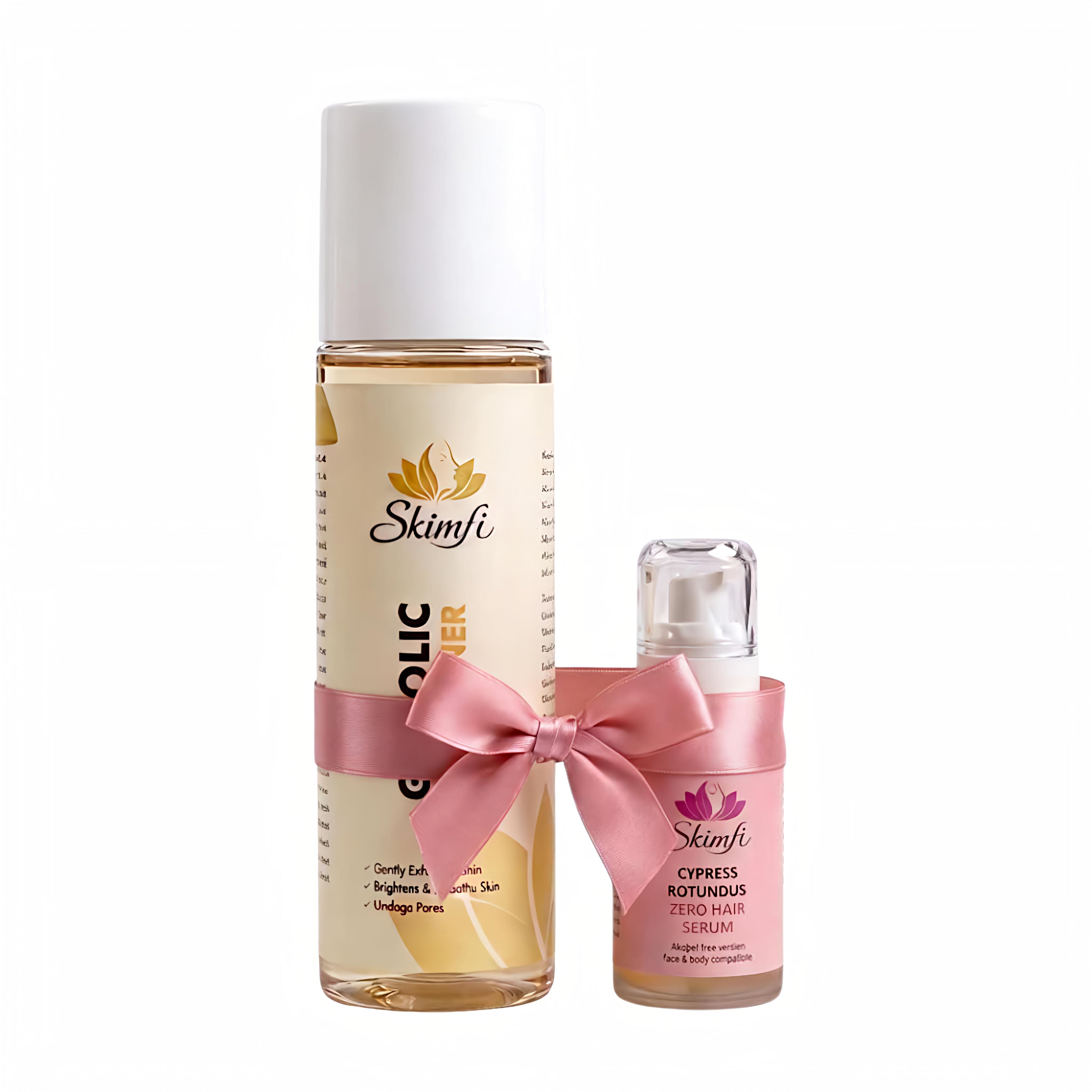 Skimfi Smooth & Refine Duo – Glycolic Acid 7% Exfoliating Toner + Cypress Rotundus Zero Hair Serum | Skin Brightening & Hair Growth Control | 150ml + 30ml