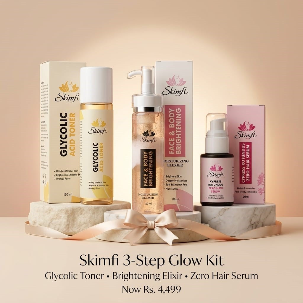 Skimfi 3-Step Glow Kit | Glycolic Toner + Brightening Elixir + Zero Hair Serum | Smooth & Bright